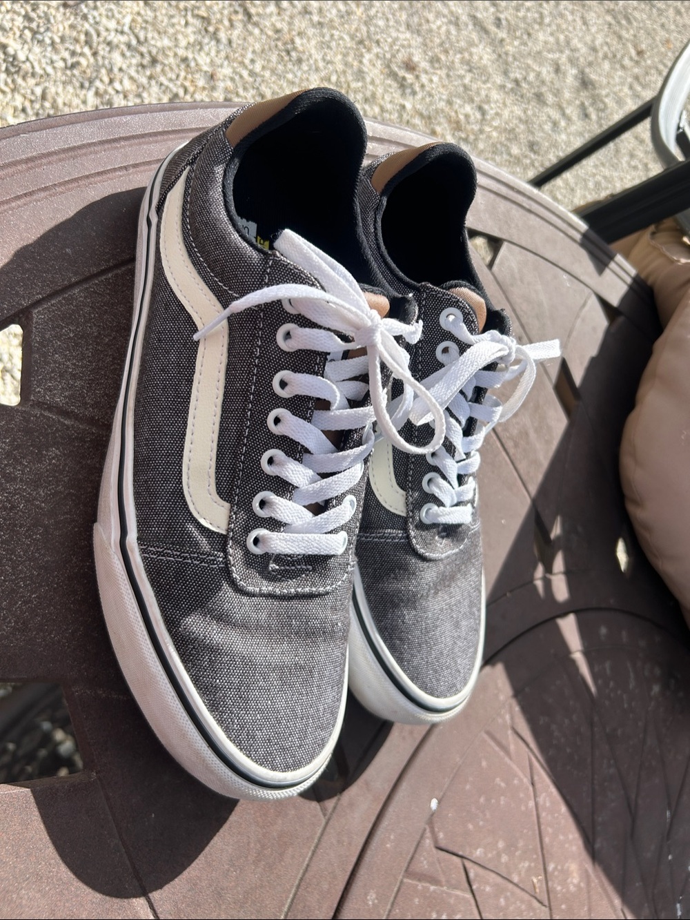 Vans Black/Gray Canvas Sneakers with White Side Stripe and Tan Heel